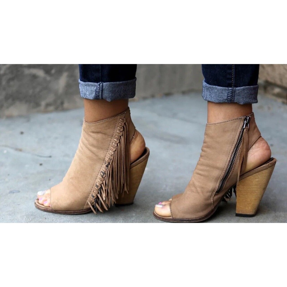 Dolce Vita Tan Suede Open-Toe Fringe Ankle Booties